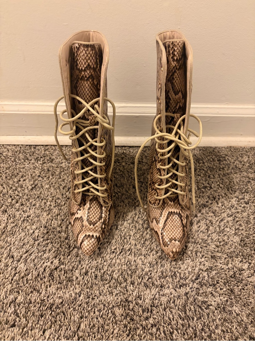 Fashion nova Lace-Up Snake Print Ankle Boots in Beige